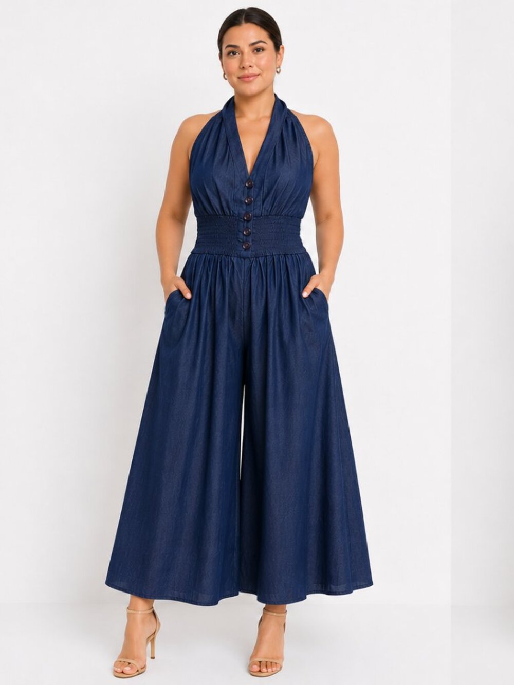 Step In Style Blue Denim Halter Jumpsuit Wide Leg Smocked AA20-76D Womens M NEW